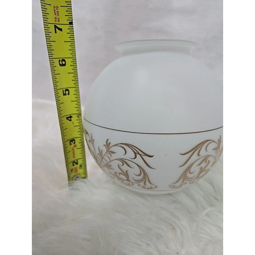 Vintage MCM White Glass Globe Shade Ceiling Light Gold Floral Leaf Design 6